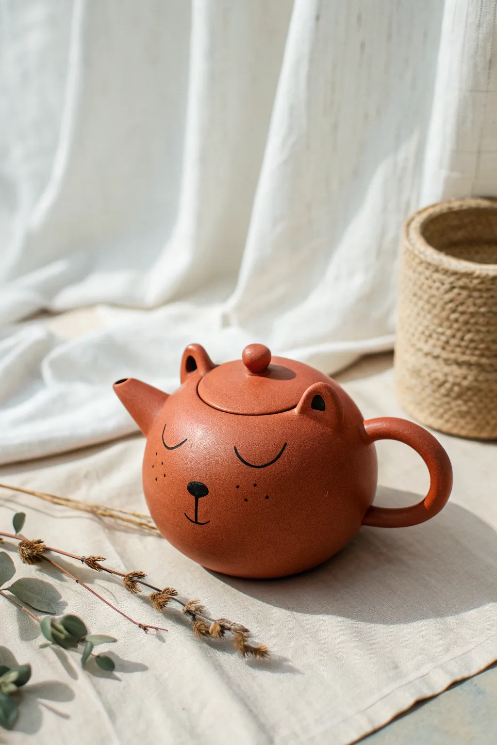 Cute animal teapot with easy ears and tail handle, minimalist style and bold color for beginners