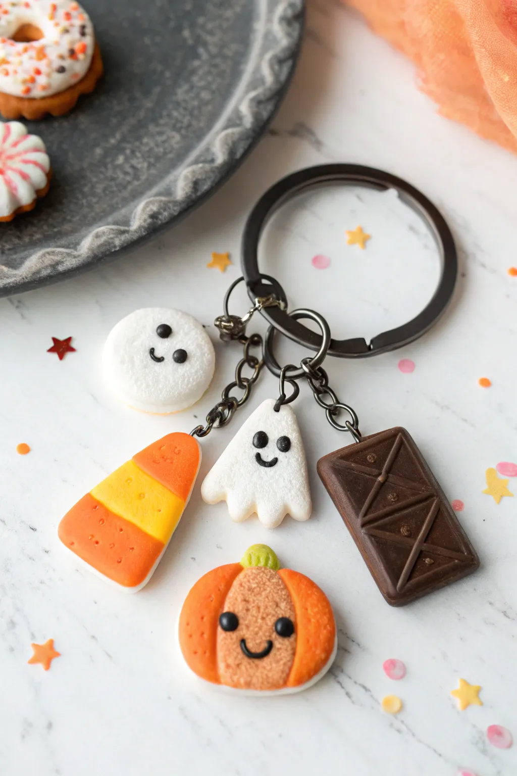 Spooky snack polymer clay charm mix on a keyring, bold colors and minimalist-boho styling.