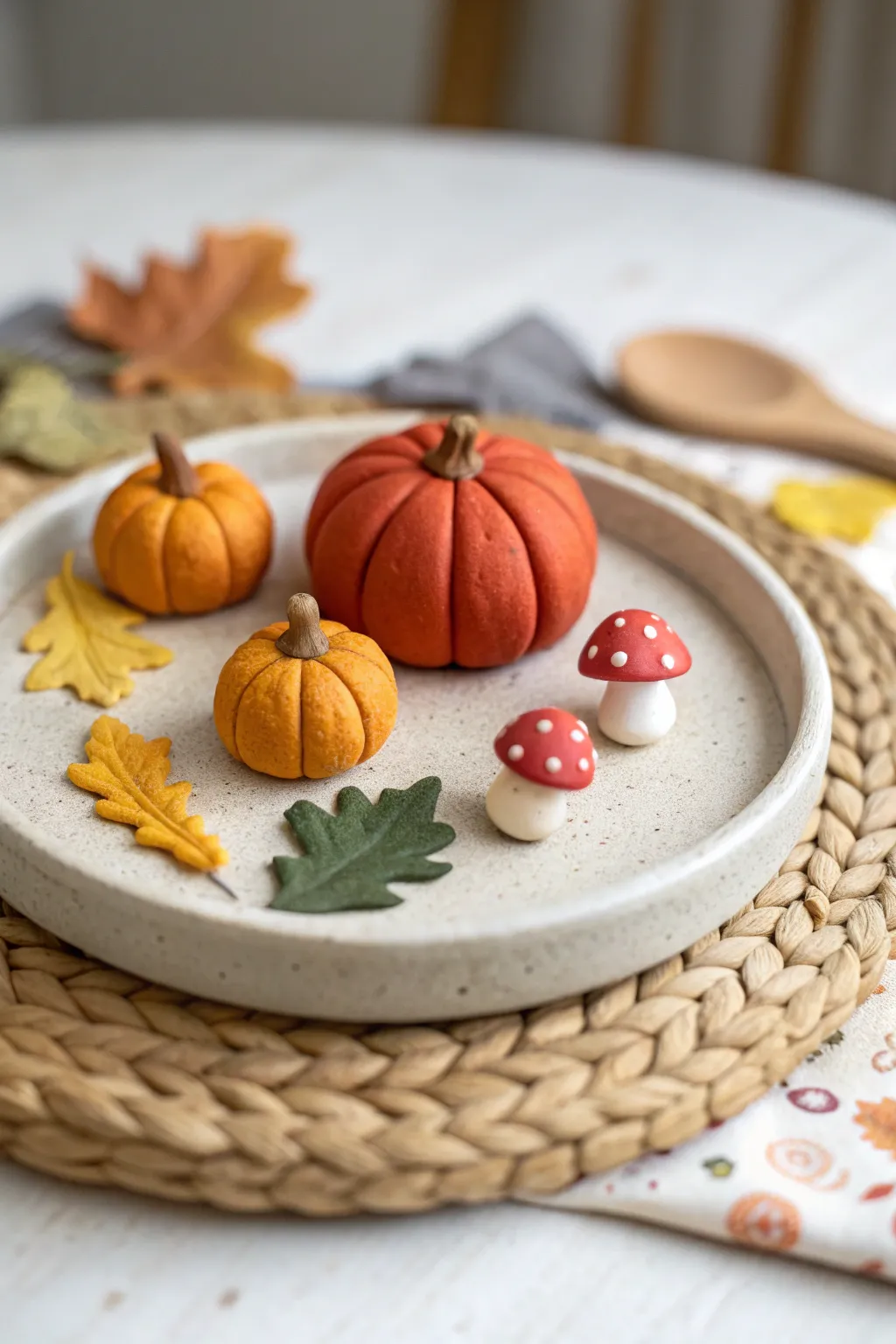 Simple autumn clay diorama with tiny pumpkins, leaves and mushrooms, styled Scandi-boho.