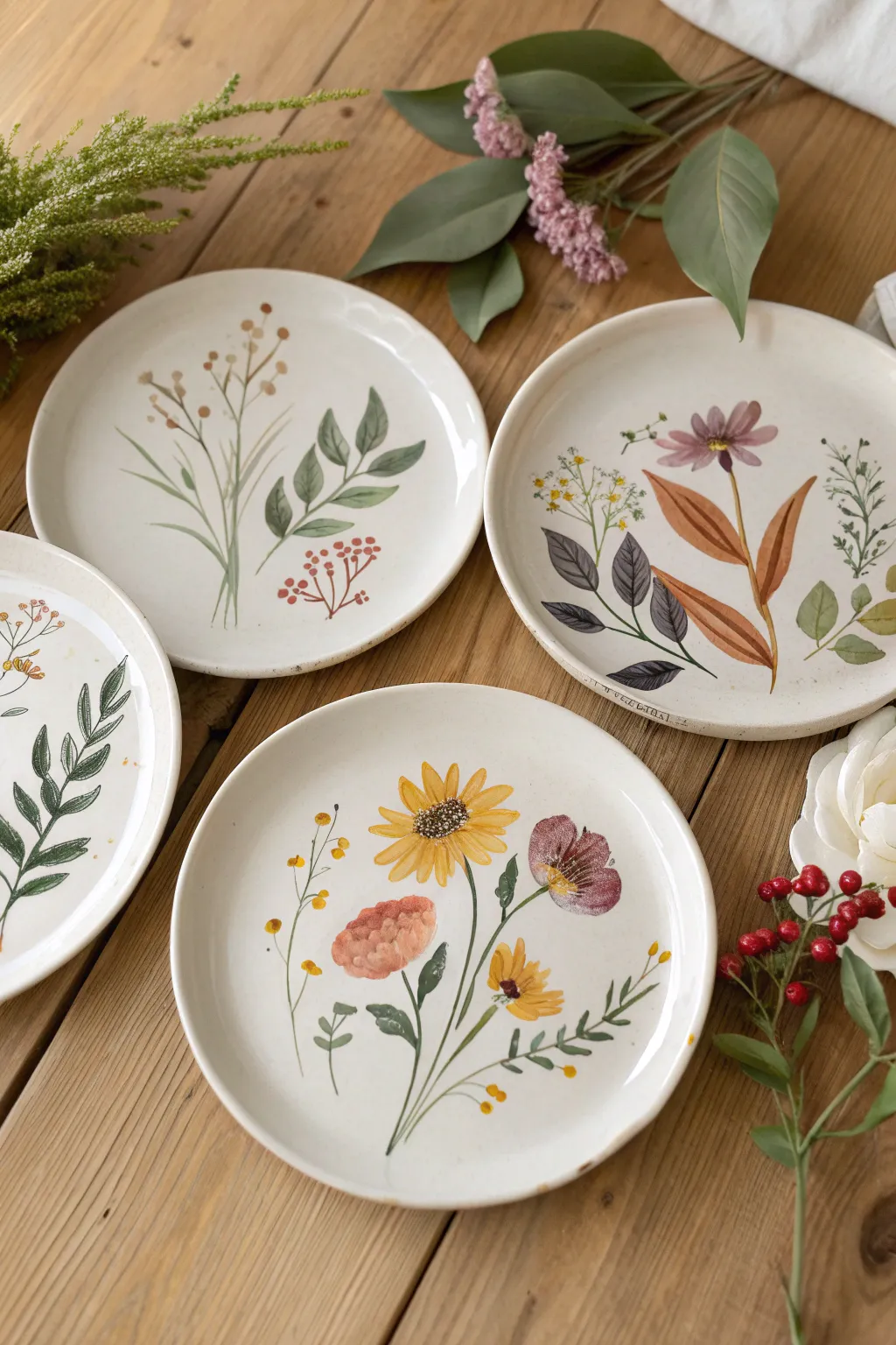 Seasonal floral plates that mix and match beautifully, from spring wildflowers to winter greenery.