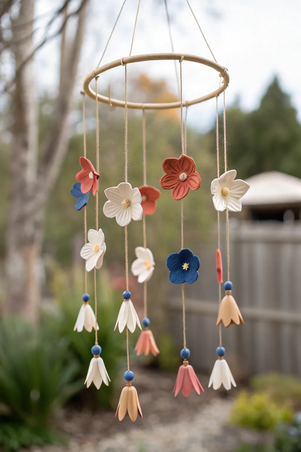 Floating clay flower mobile in bold boho hues, minimalist and airy for a calm creative corner.