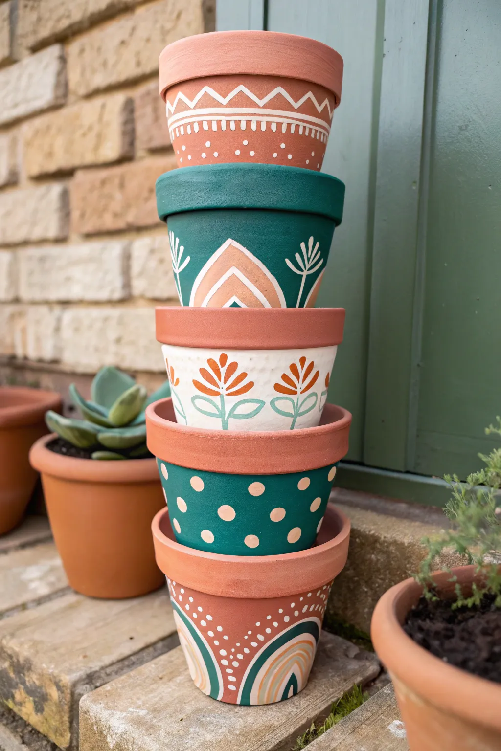 Stacked painted pots become a bold garden totem with coordinated colors and simple patterns.