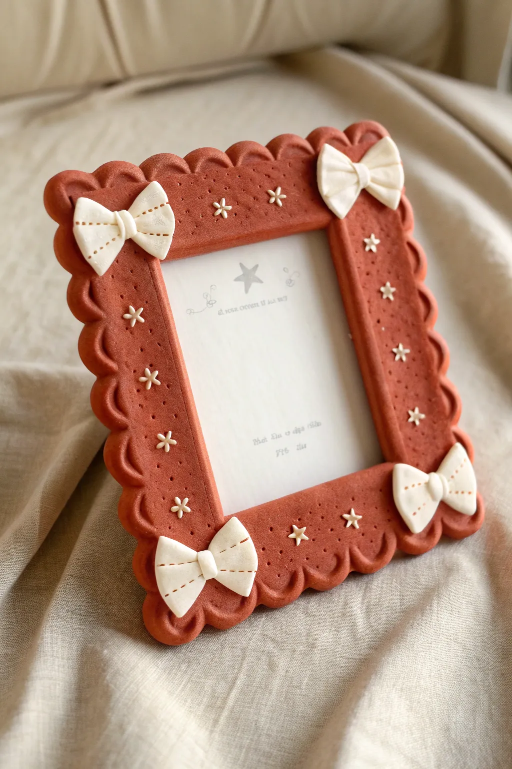 Whimsical foam clay frame with a puffy scalloped border, minimalist styling, bold color contrast