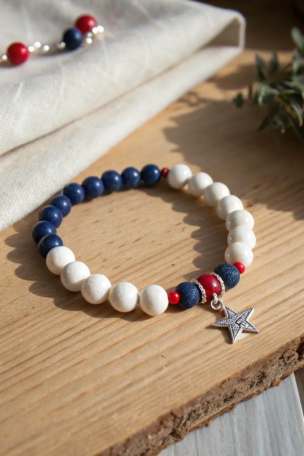 Glow-ready clay bead bracelet: crisp white and midnight blue with red pops and a star charm