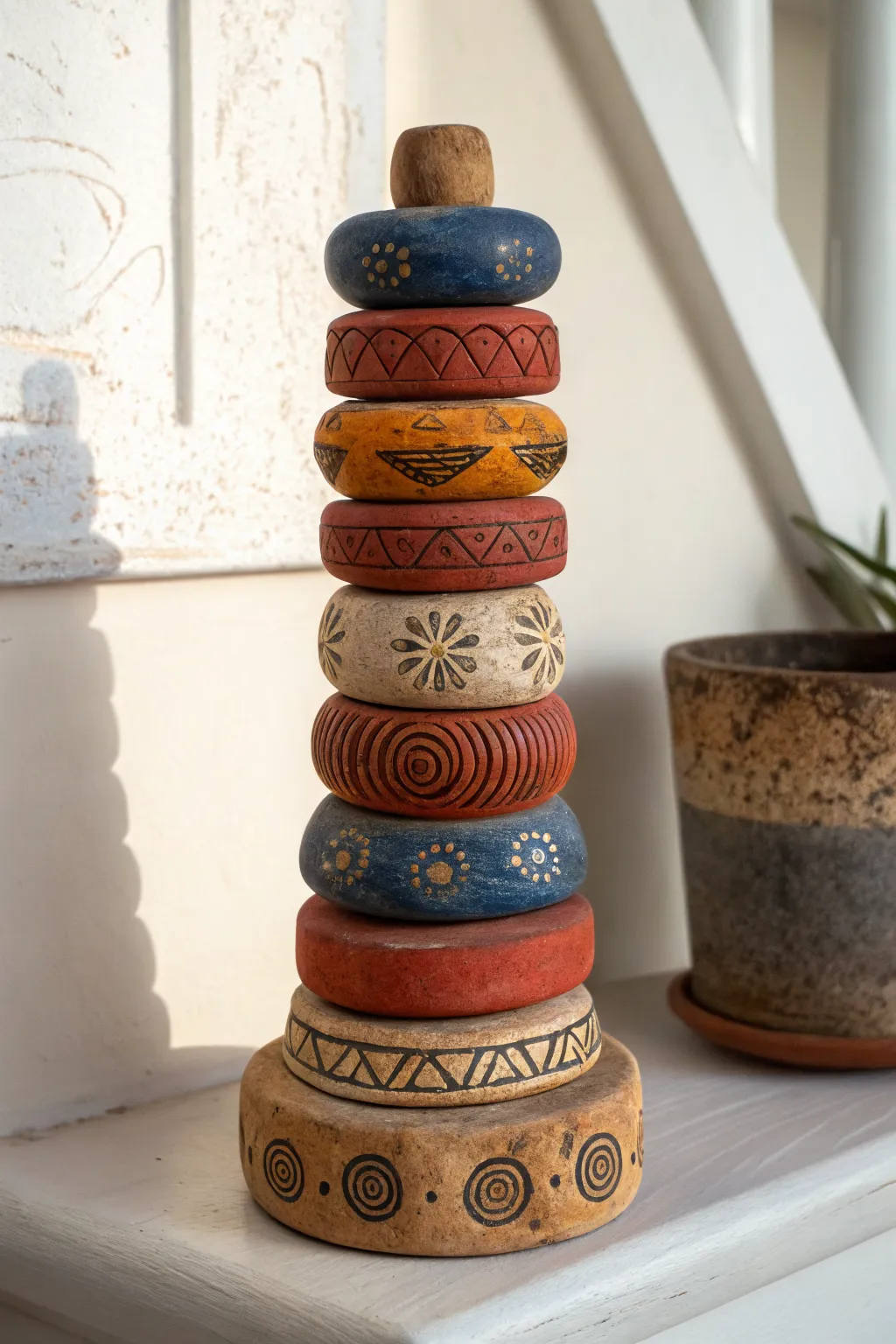 Tiny dystopian clay totem mini with cracked layers and bold boho color on a minimal shelf.