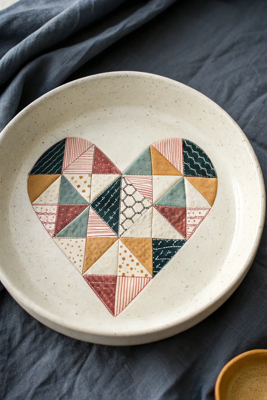 Patchwork quilt heart plate in bold boho colors, simple blocks for easy painting inspiration.
