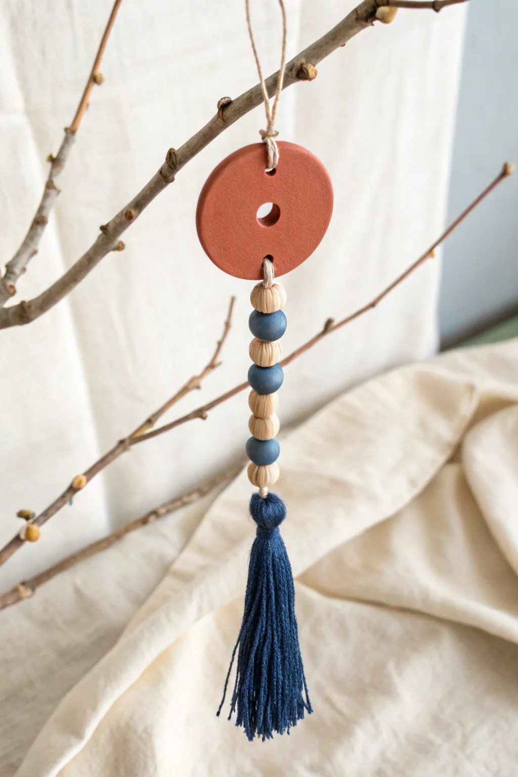 Minimal clay ornament with wood beads and a bold tassel for modern rustic handmade decor