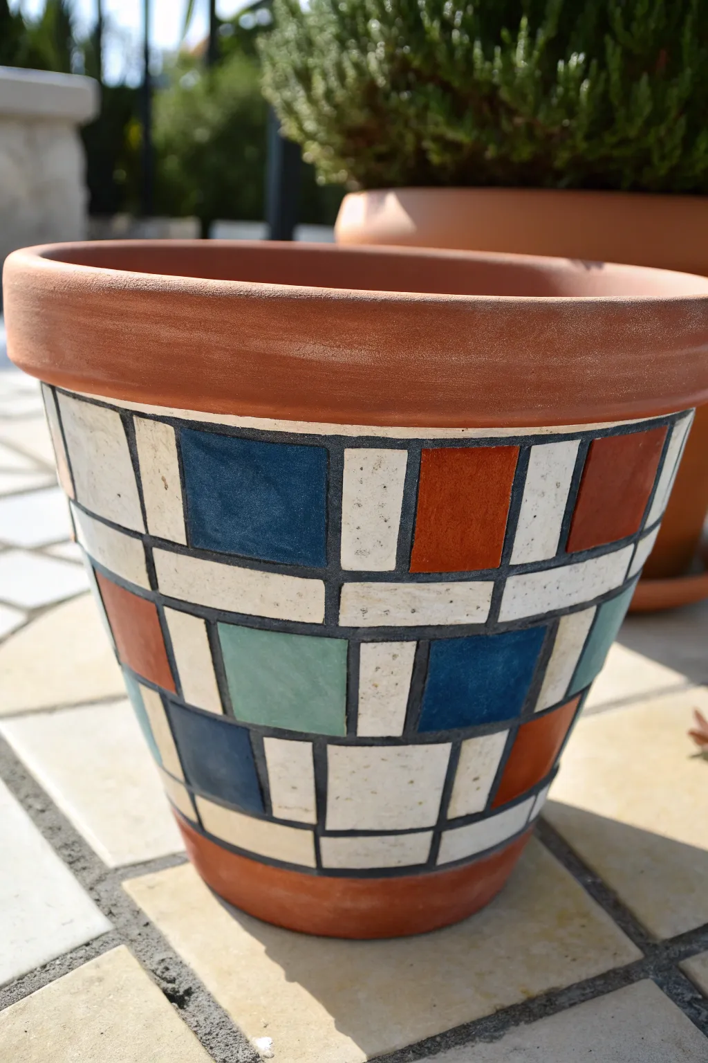 Easy faux tile mosaic pot idea with bold color blocks, clean lines, and sunlit terracotta charm