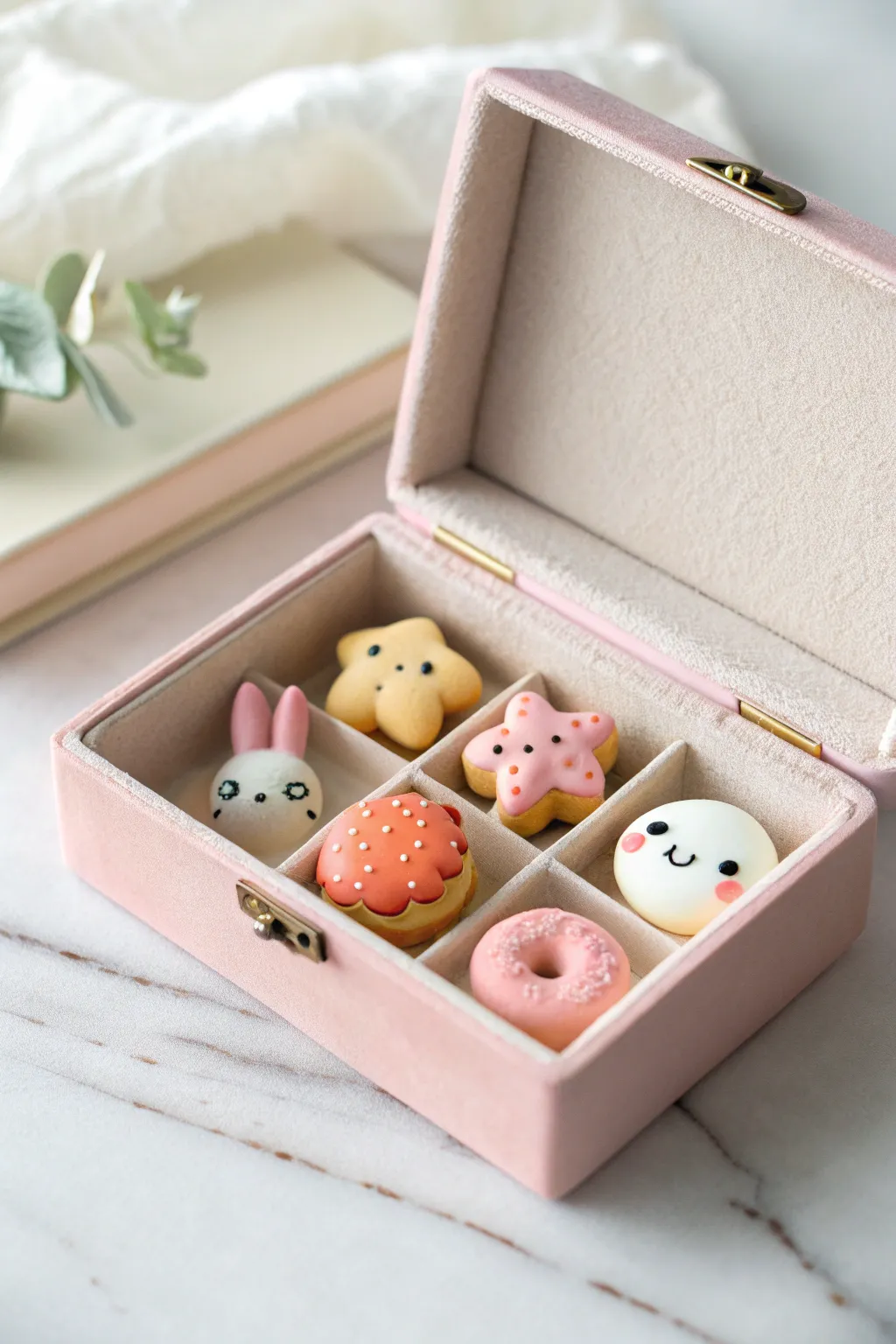 Open kawaii clay surprise box with tiny mystery figurines, minimalist pastels and bold pops