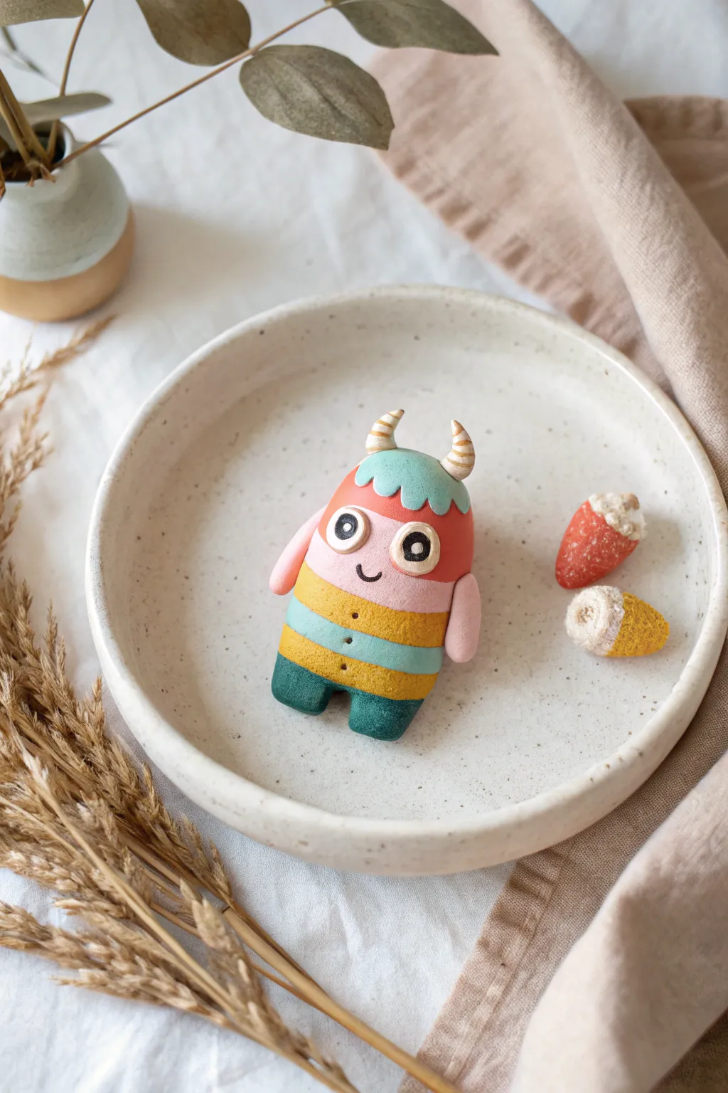 Mix-and-match mini clay monster with swap parts, bold colors on a calm Scandinavian backdrop
