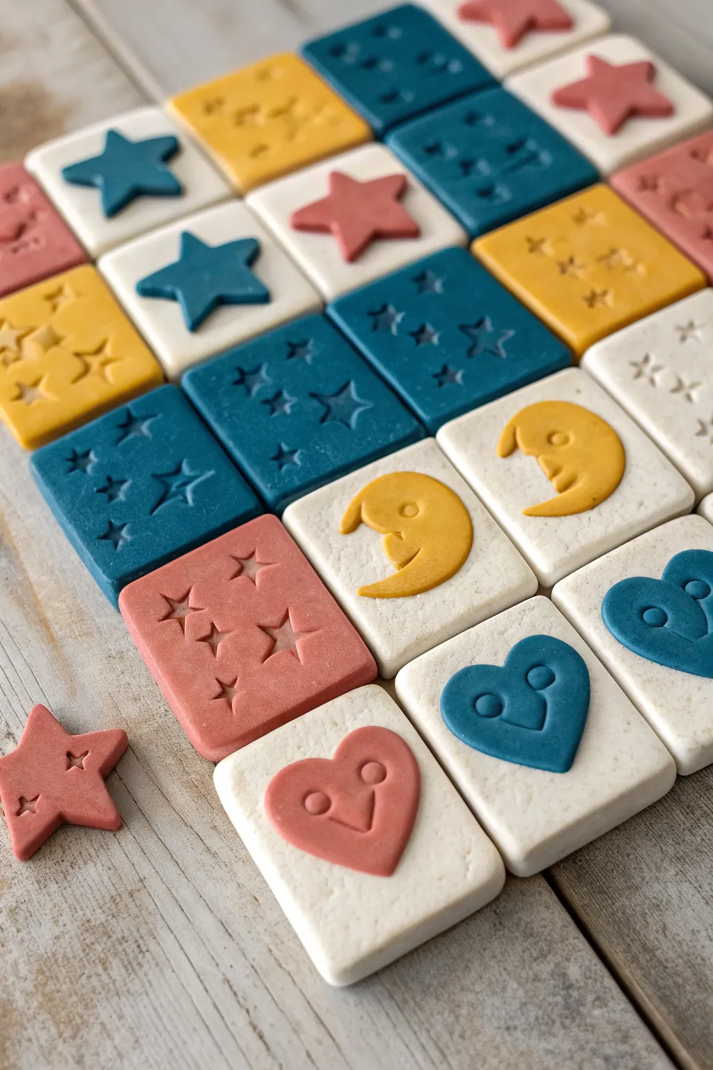 Bright handmade clay memory tiles in matching pairs, a simple DIY game with bold color contrast