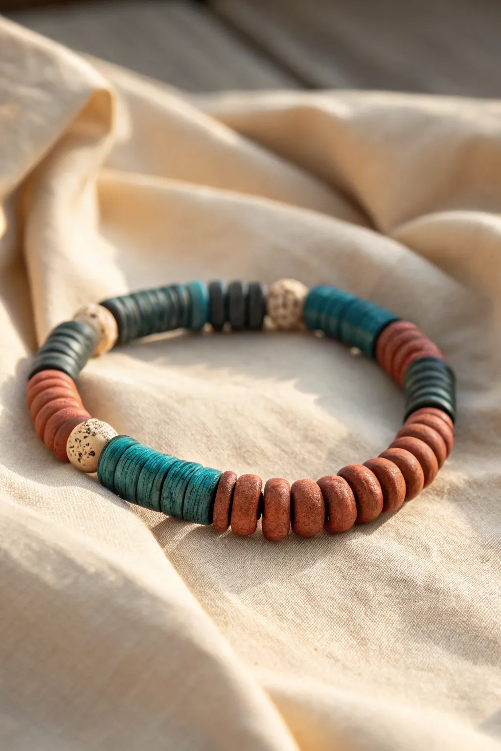 Mixed-shape clay bead bracelet with heishi discs and barrel beads for subtle masculine texture.