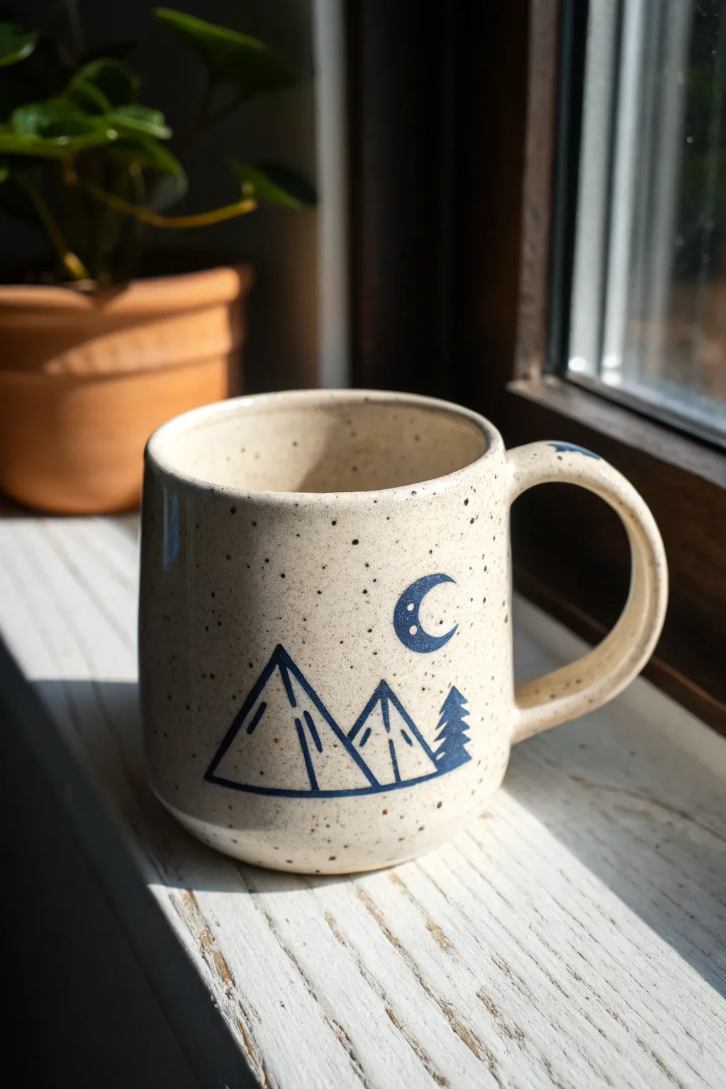 Simple story-scene relief mug with bold glaze, perfect middle school clay project idea