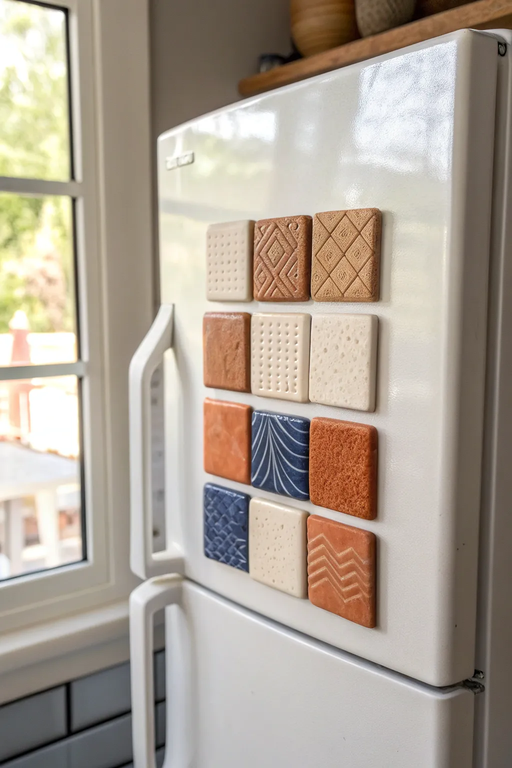 Texture sampler mini clay magnets in a crisp grid, Scandinavian minimal with bold color pops