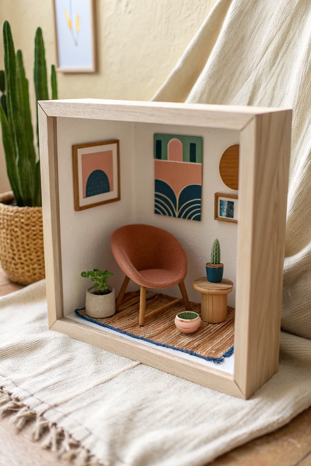 Pocket-size clay shadow box room corner with a tiny chair, plant, and wall art in bold colors