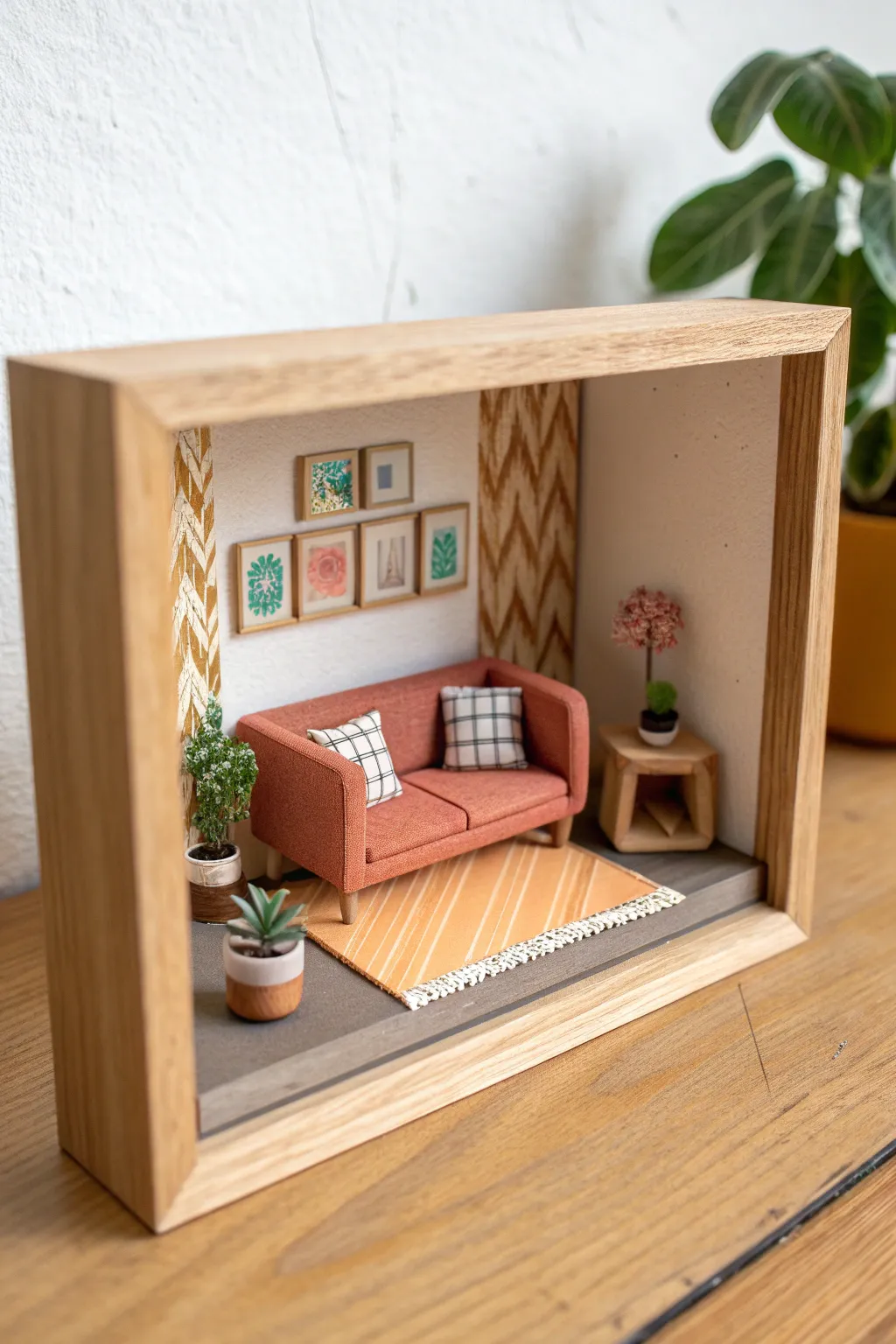 Tiny clay mini room diorama in a box frame, bright modern colors, cozy boho minimal charm.