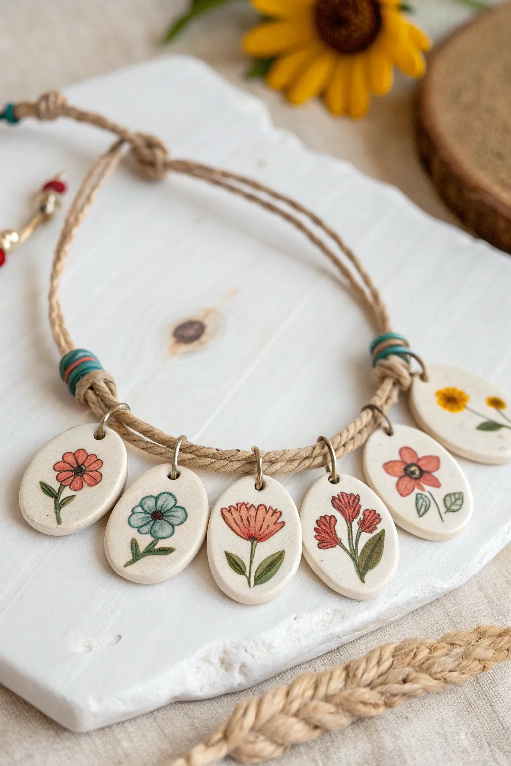 Minimalist birth-flower clay charm bracelet set, a heartfelt handmade Mother’s Day keepsake.