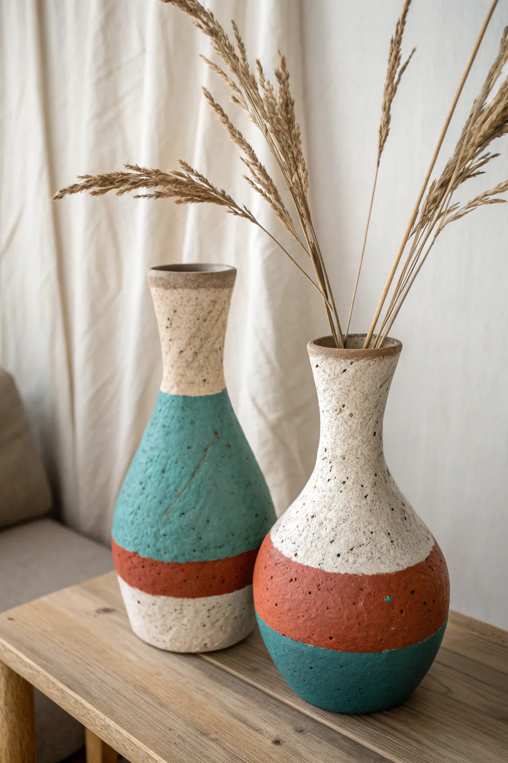 Before and after mud vase makeover: raw clay beside a bold painted version in the same shape