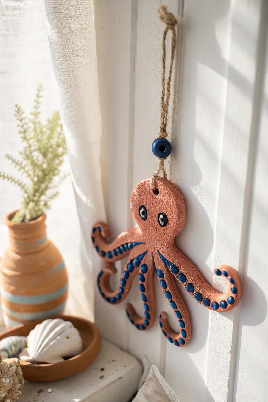 Minimal clay octopus wall charm with jute loop, bold glaze accents, clean Scandinavian backdrop.