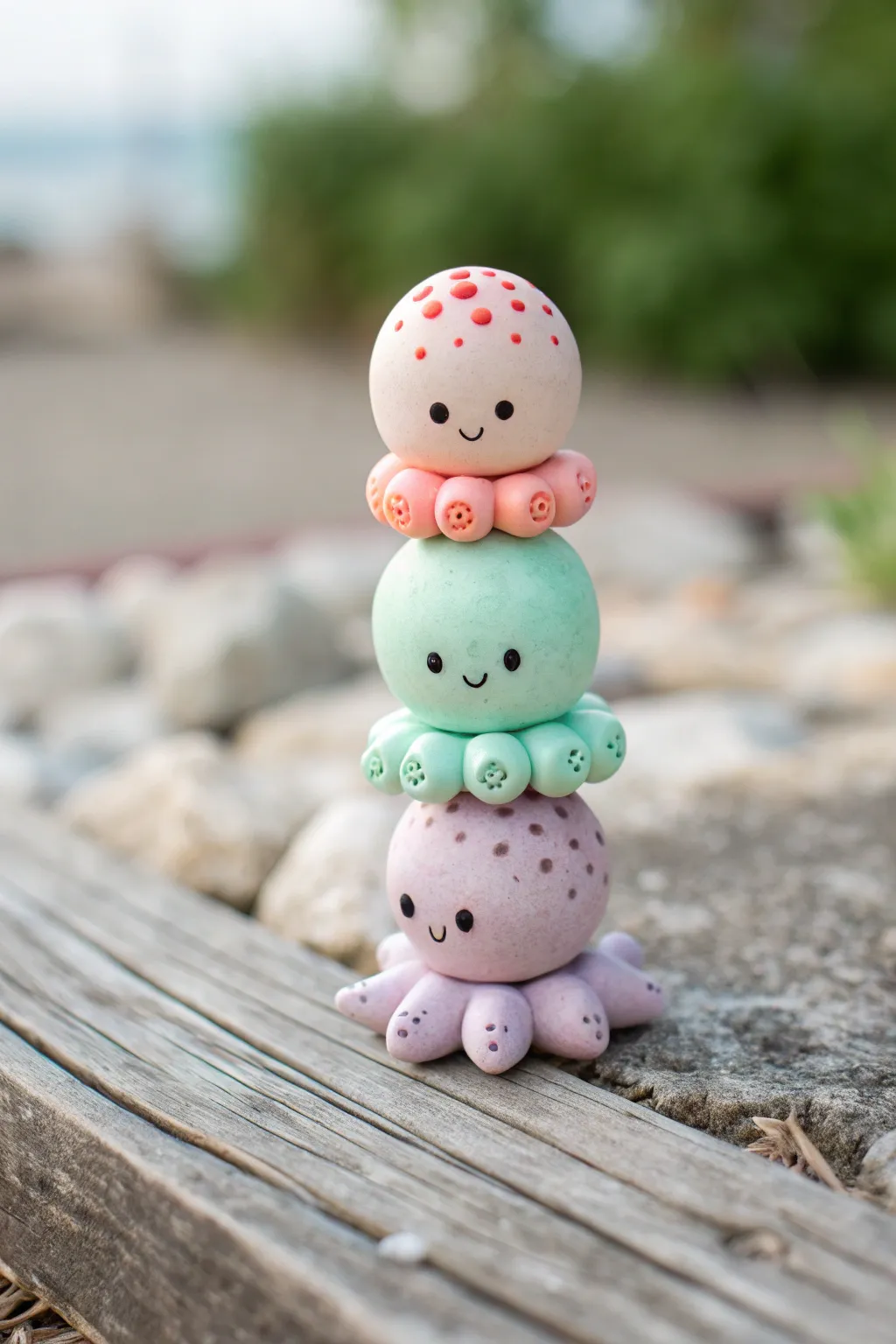 Adorable stacked baby octopus clay totem in soft pastels, minimalist boho styling, high contrast