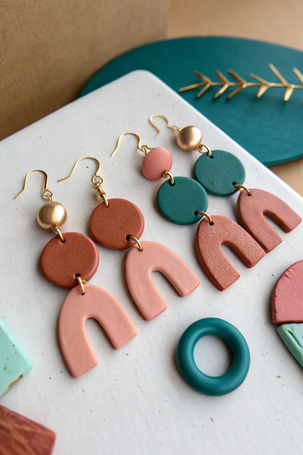 Gallery-style mismatched abstract clay earrings, same bold palette for a chic minimalist look.