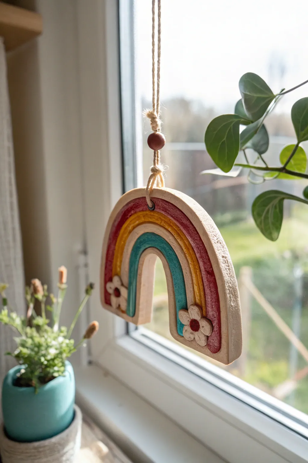 Translucent oven-bake clay suncatcher glowing in a sunny window, minimalist stained-glass vibe
