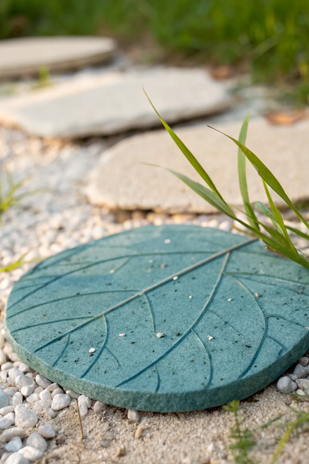 DIY paper-cement clay garden stone with leaf imprint, matte finish, calm Nordic boho vibe