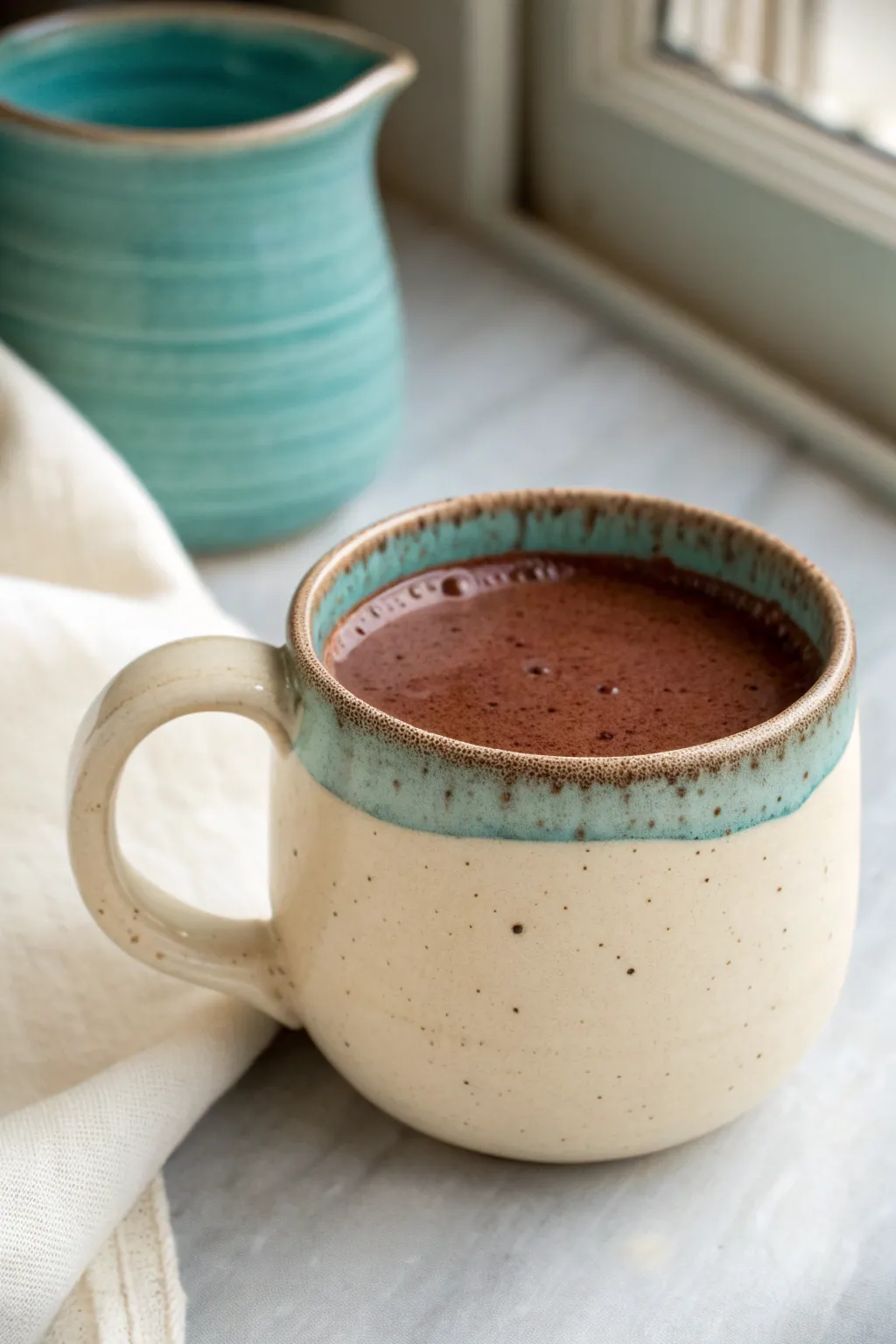 Cozy double-walled pinch pot mug with a layered rim and bold glaze, made for cocoa nights.