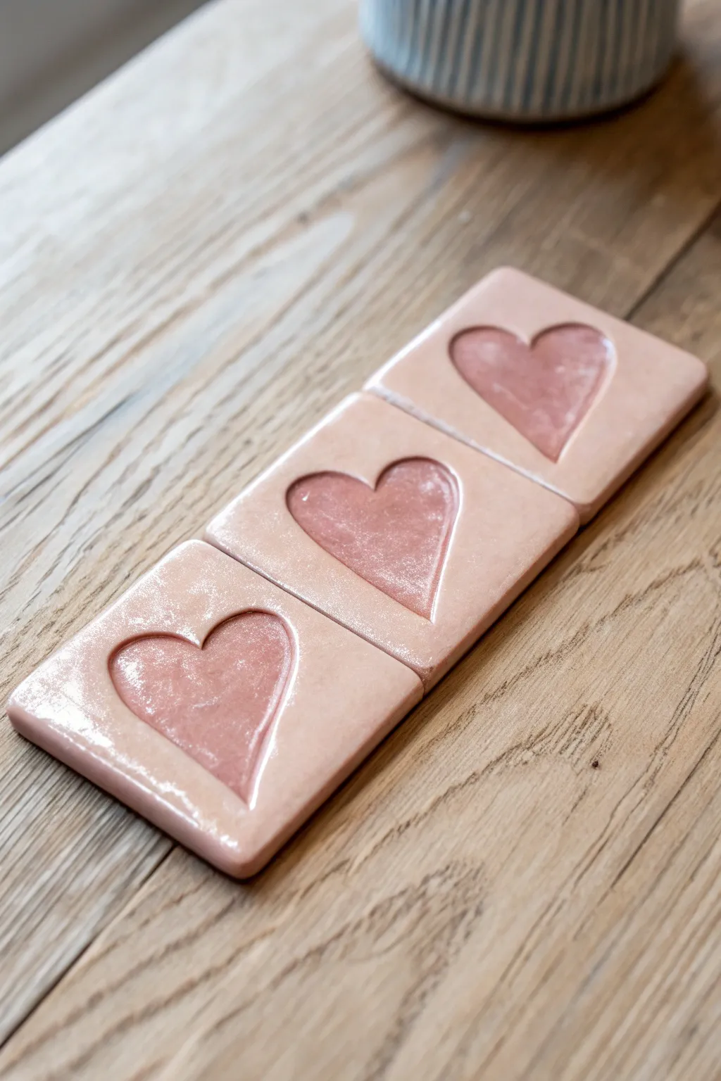 One pink clay texture tile showcasing matte, satin, and glossy hearts for playful finish contrast.