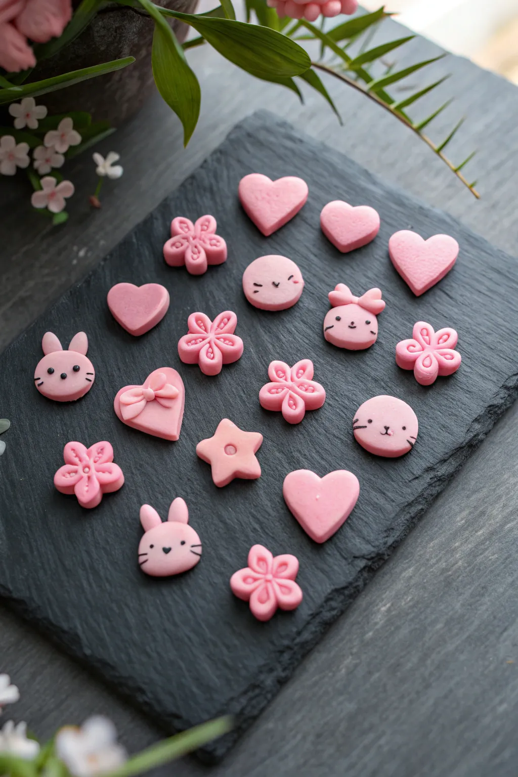 Sweet pink polymer clay magnet icons in a tidy grid, minimal Scandinavian styling with boho warmth