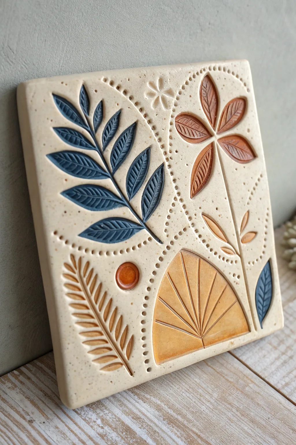 Raised polymer clay relief plaque with translucent resin wash for bold depth and cozy minimal style