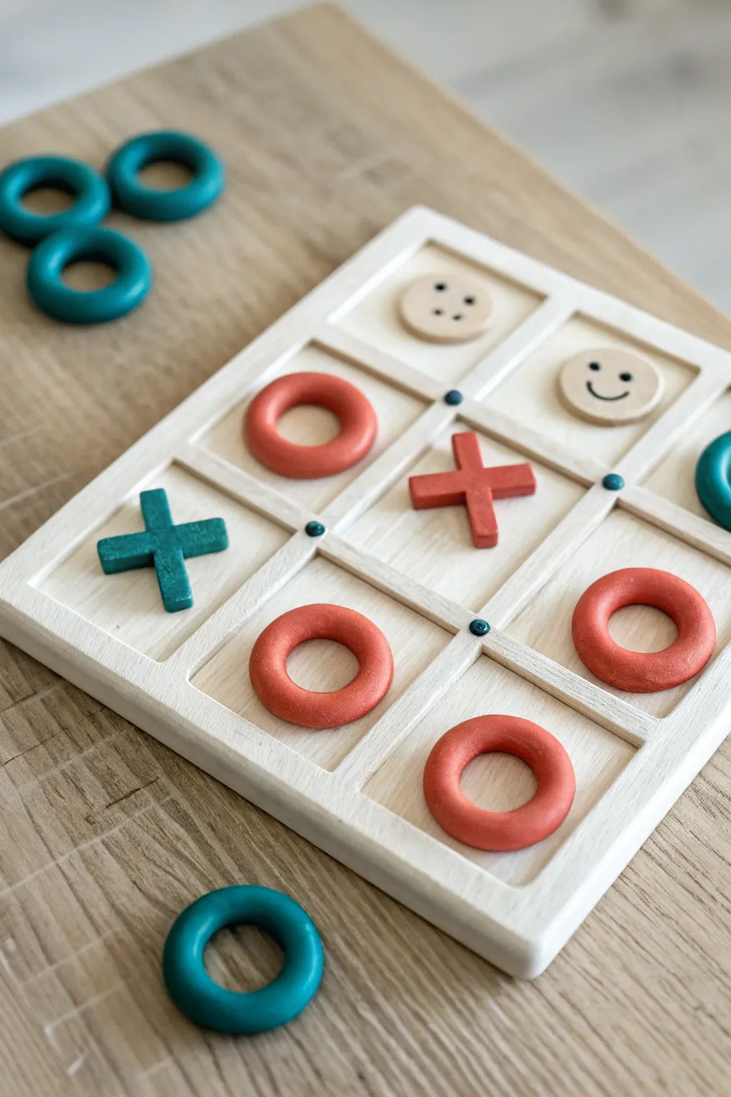 Beginner-friendly polymer clay tic tac toe set with adorable faces in bold Scandinavian colors