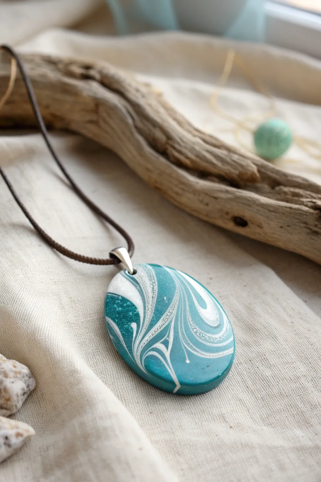 Glossy polymer clay pendant with clean highlights, showcasing a smooth sanded-and-buffed finish