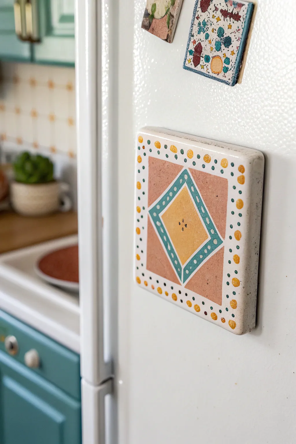 Faux vintage tile polymer clay magnet with terrazzo speckles, minimalist boho color pop.