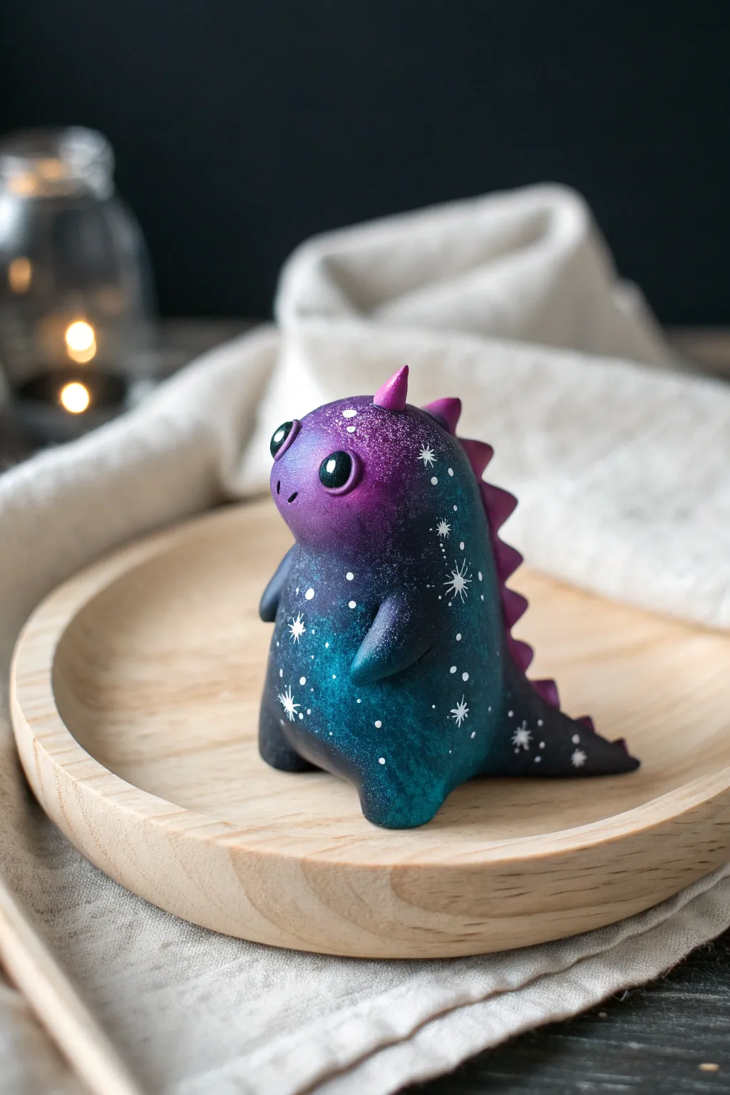 Glow-in-the-dark galaxy creature in bold cosmic colors, minimalist Scandinavian styling