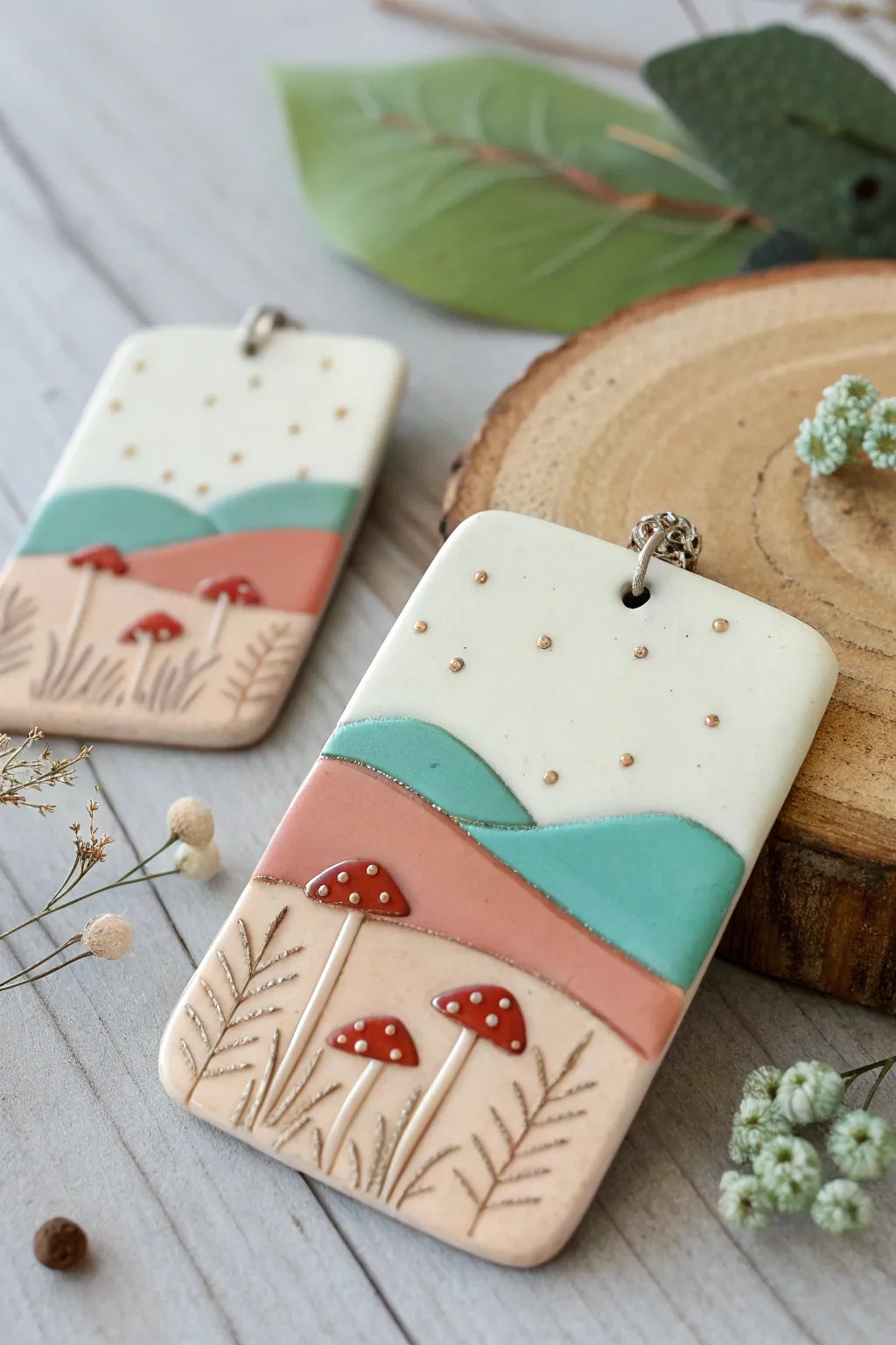 Mini landscape polymer clay slab with simple hills and tiny florals, ready for bold earrings.