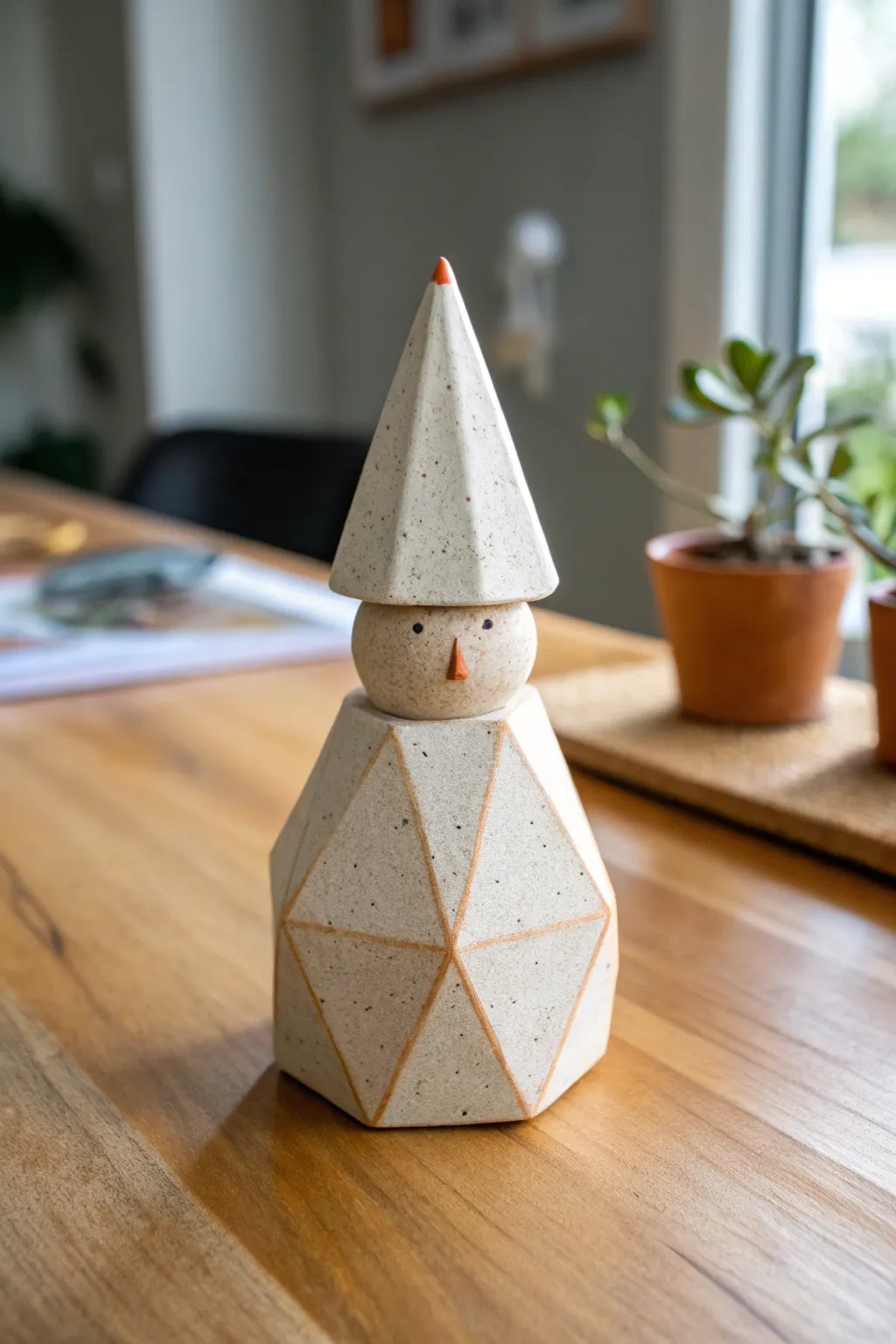Minimalist geometric clay gnome with triangle hat, matte neutrals, bold studio backdrop