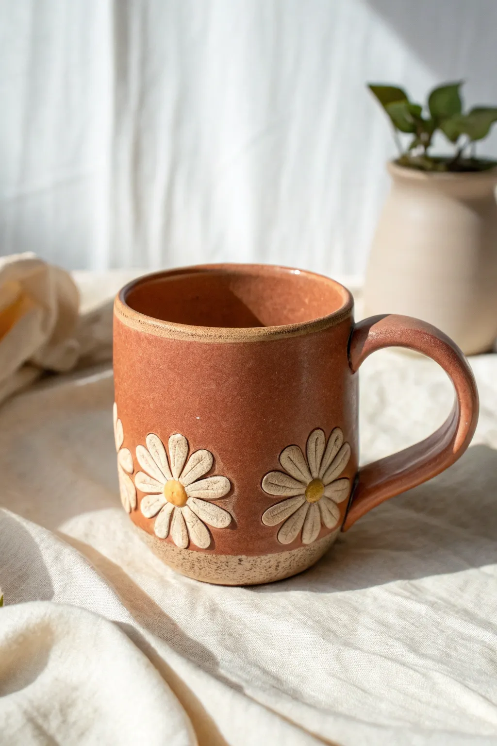 A simple floral join handle accent that adds charm and craftsmanship to a bold, minimal mug.