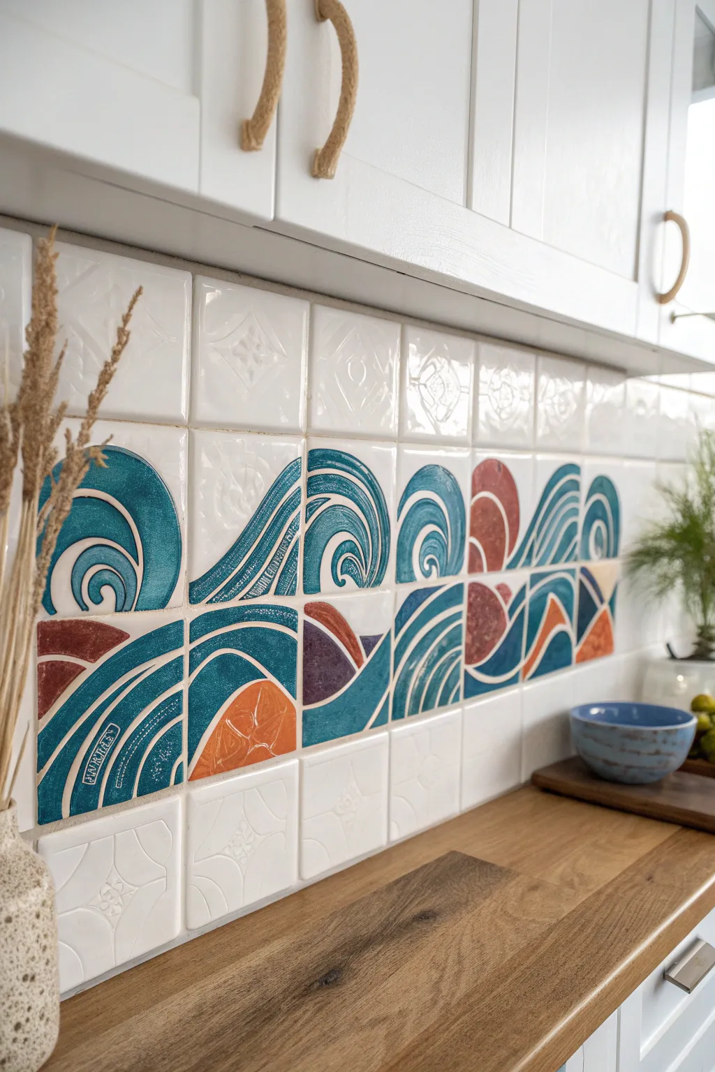 Handmade 3x3 tile mural backsplash adds bold ocean waves to a calm Scandinavian kitchen.