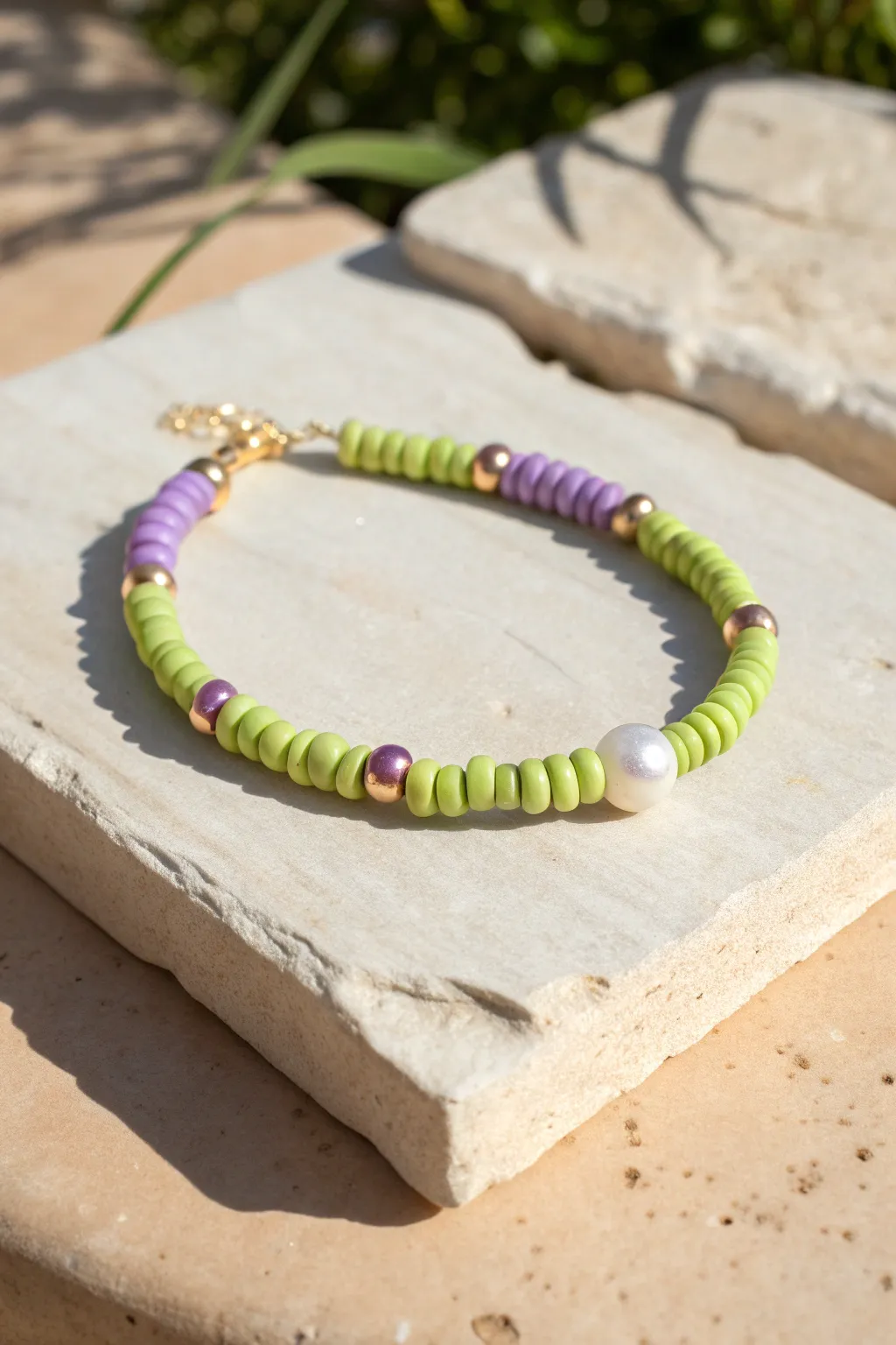 Lime, lavender, and pearl clay disc bracelet with gold accents, crisp sunlit preppy charm.
