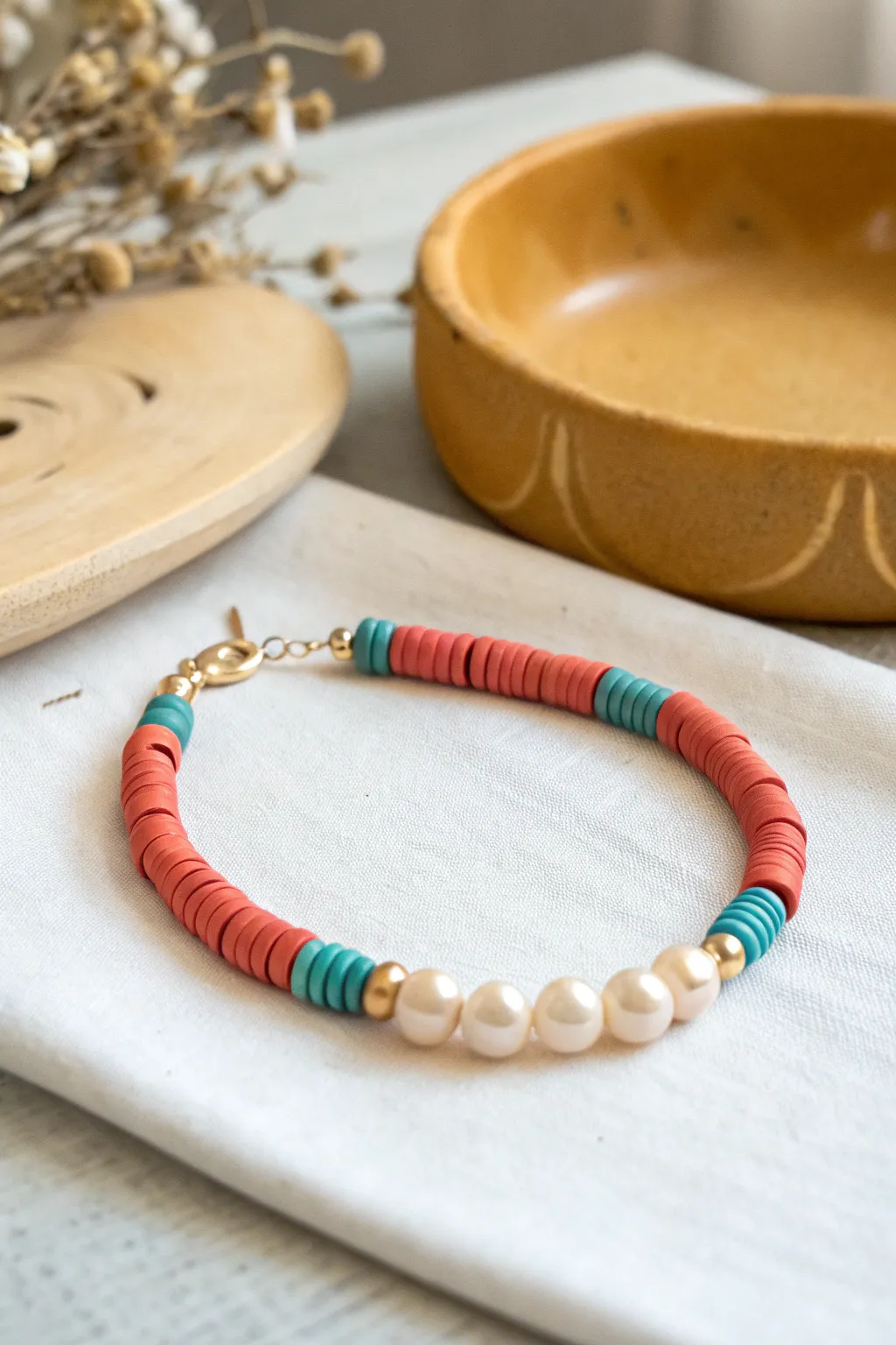 Dressy heishi and pearl clay bracelet in coral and ivory, styled in minimalist boho.