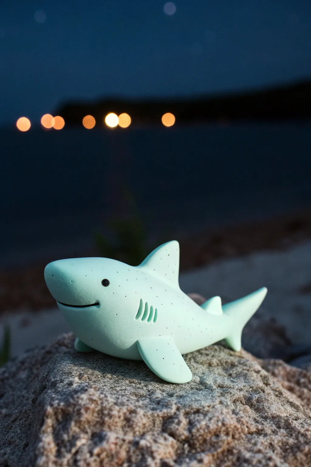 Glow-in-the-dark mini clay shark, minimalist night vibe with soft ocean glow and bold contrast.