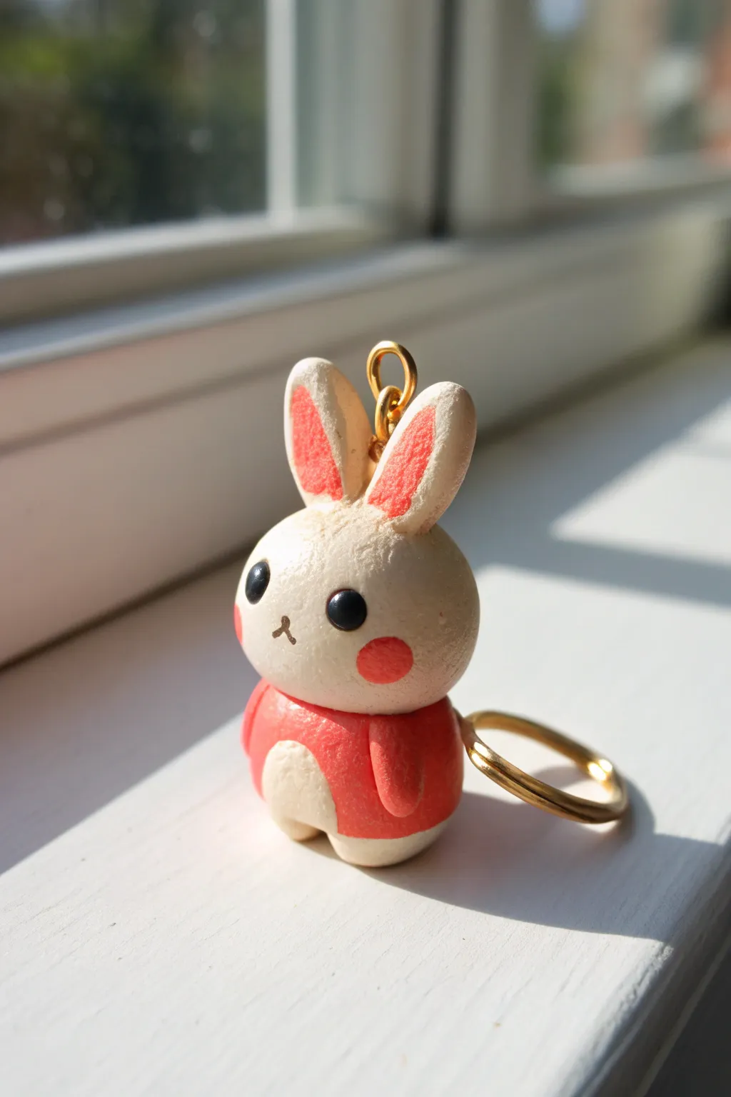 Cute mini bunny charm in air dry clay, simple paint and bold color for beginner-friendly craft.