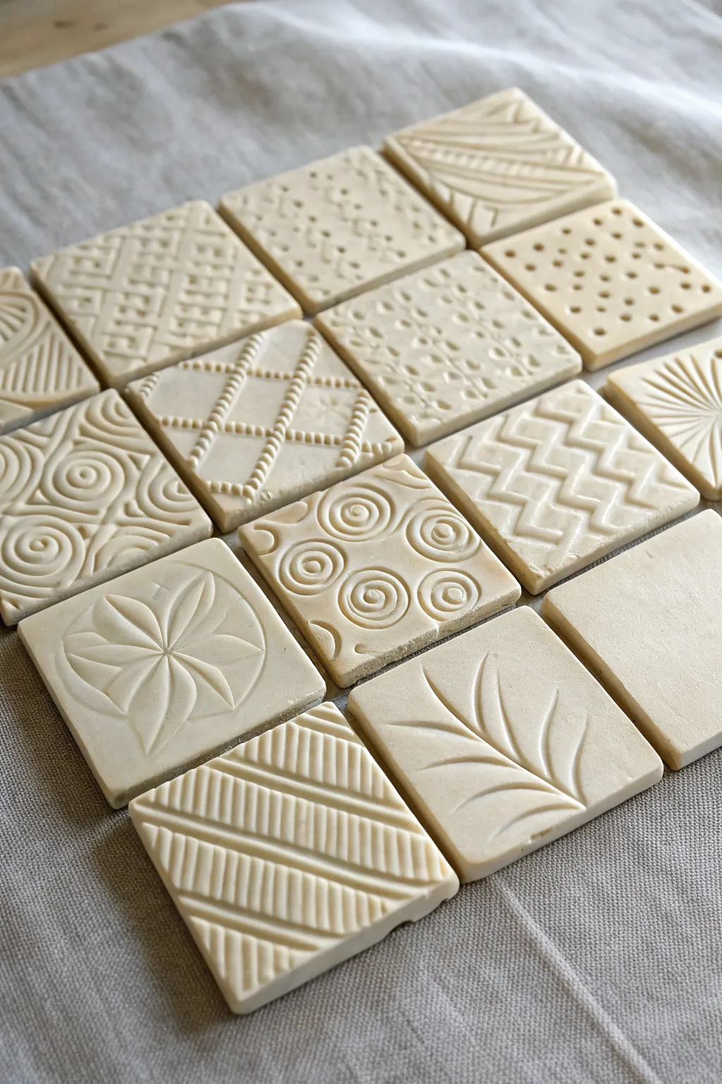 Texture sampler test tiles in a tidy grid—simple imprints that spark endless clay ideas.
