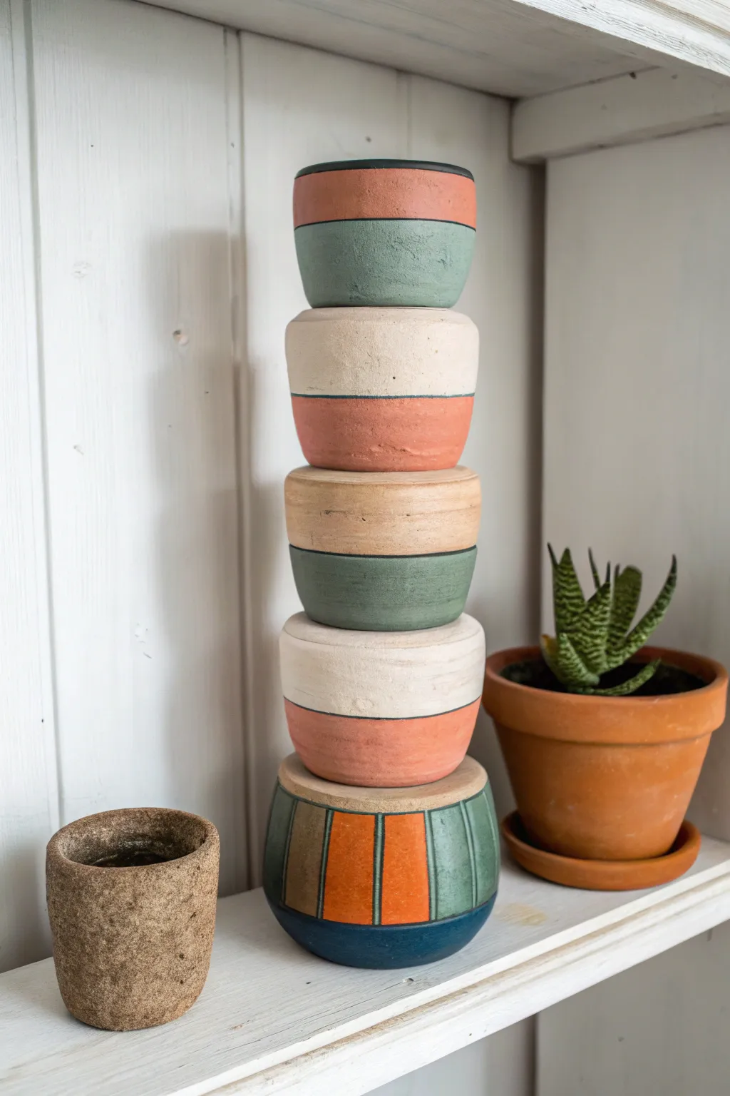 Modern mini terracotta pot totem in muted tones with bold pops, minimal shelf decor