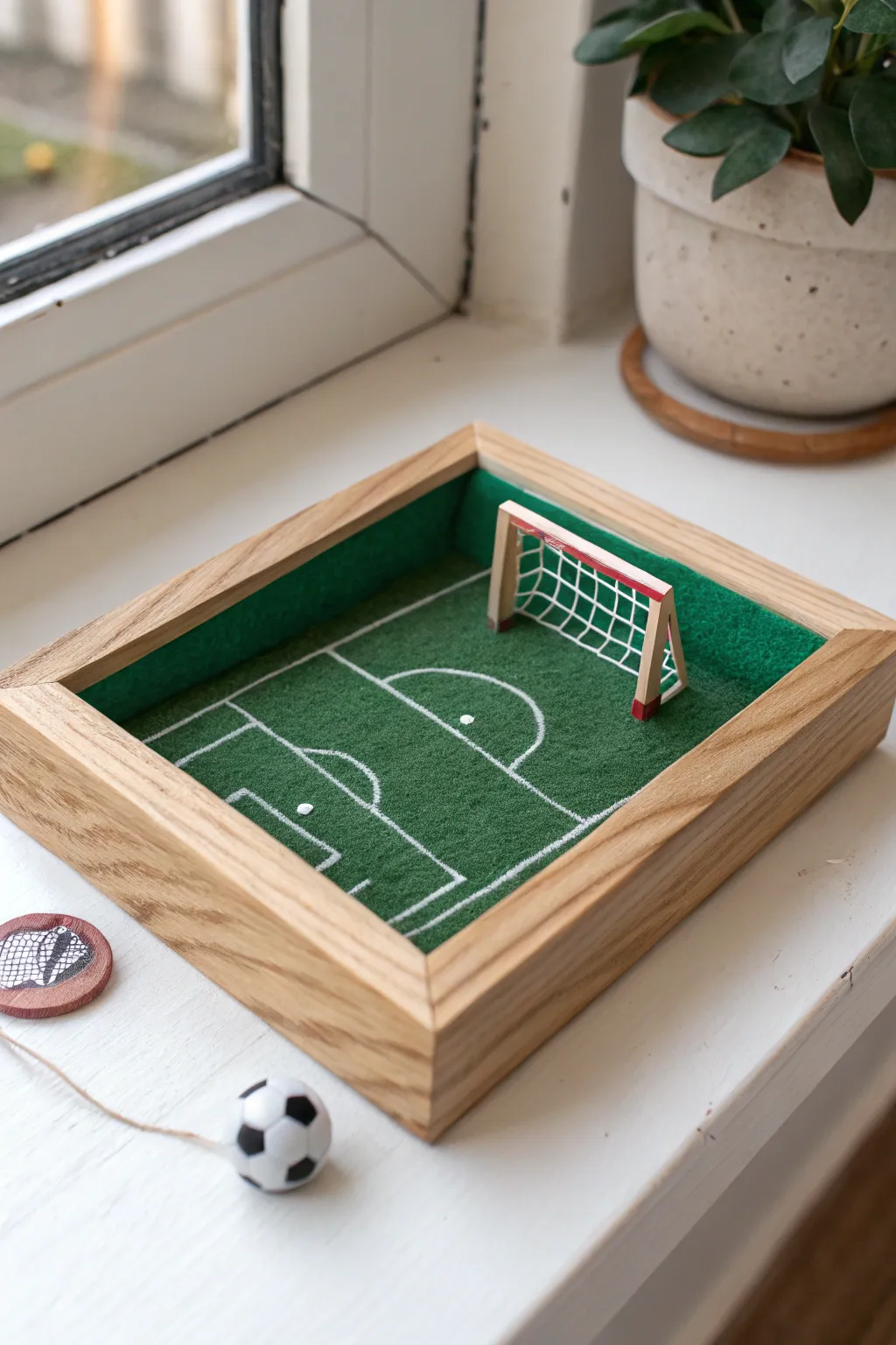 Mini shadow box soccer diorama in clay, simple field and goal with Scandinavian boho vibes.