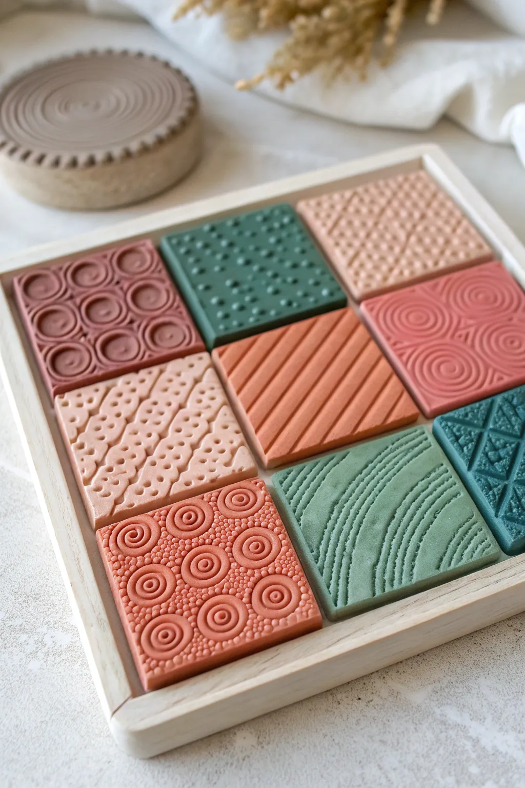 Desk-ready soft clay puffy texture sampler board in bold boho colors with clean minimal style