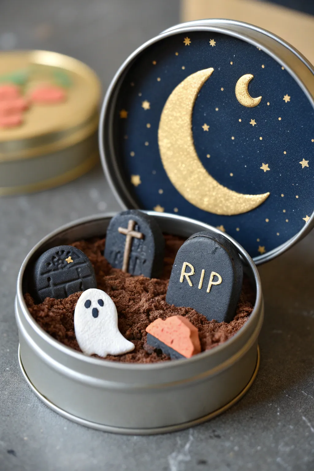 Spooky-cute mini graveyard tin diorama in bold clay tones, minimalist and beginner-friendly.
