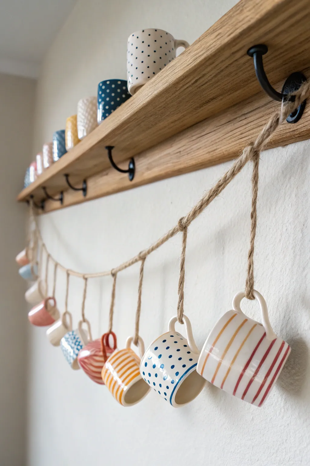 Mini clay teacup garland ornament with bold boho colors for a cozy minimalist shelf moment
