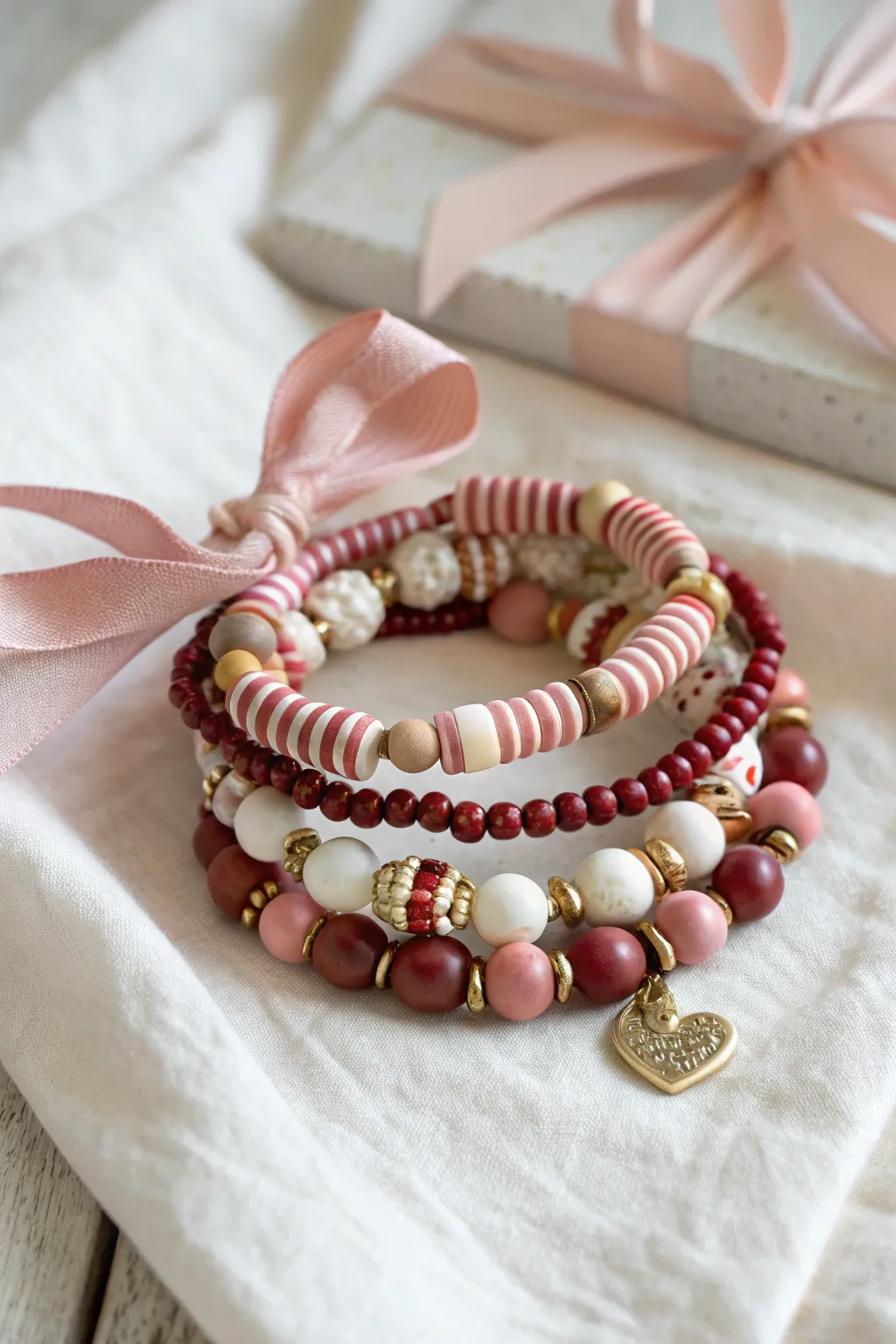 Five matchy clay bead bracelets with hearts and gold spacers, ready for Galentine gifting
